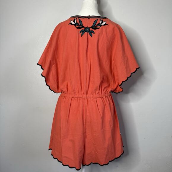 Free People Sophia Embroidered Romper Coral Orange Boho Floral Scalloped Large - Picture 5 of 15